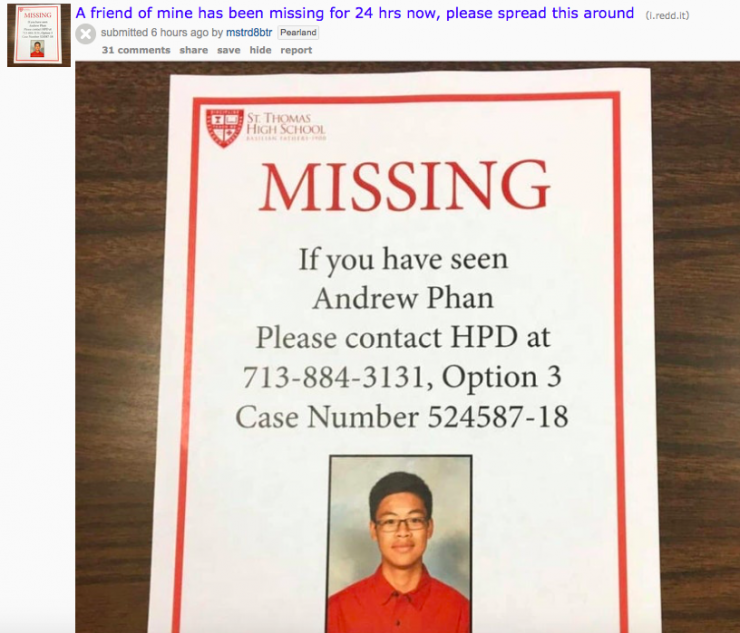 休斯敦警察局發布的失蹤人口信息，Andrew的同學發布到網上，請大家幫助尋人 （網路截圖）